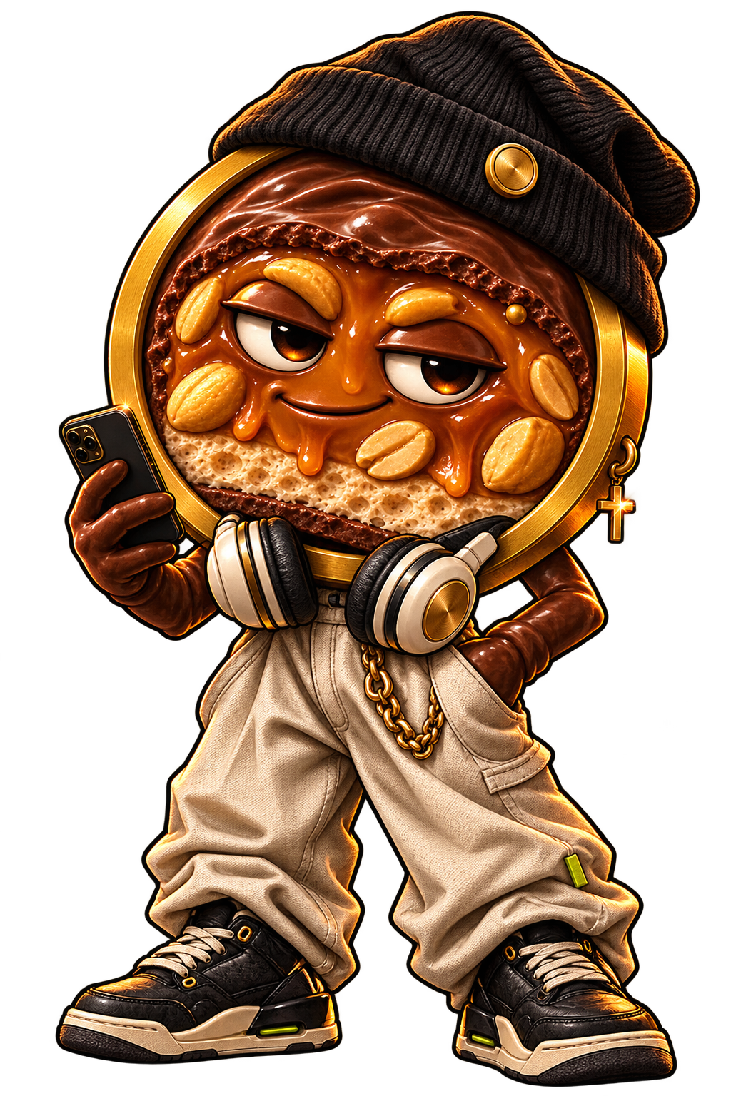 Snick, a chocolate caramel character in a black beanie, headphones and baggy trousers